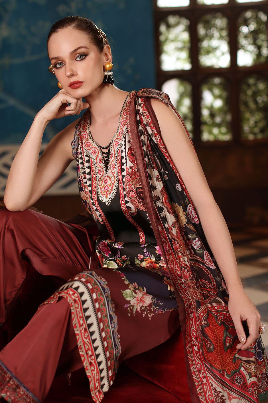 3 Piece Printed Charmeuse Silk Suit with Printed Tissue Silk Dupatta