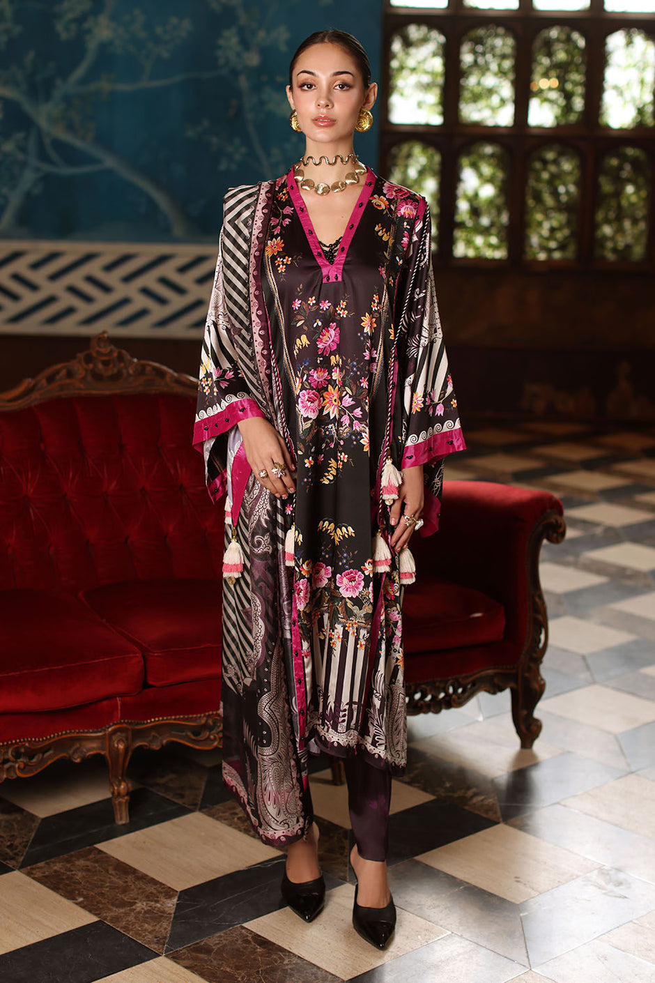3 Piece Printed Charmeuse Silk Suit with Printed Tissue Silk Dupatta