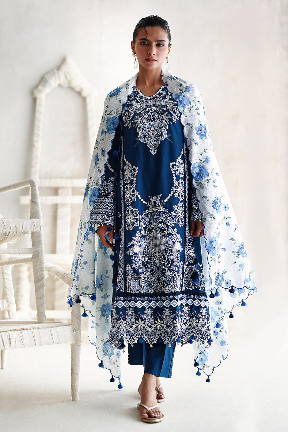 3 Piece Embroidered Lawn Suit with Printed Tussar Silk Dupatta and Embroidered Borders