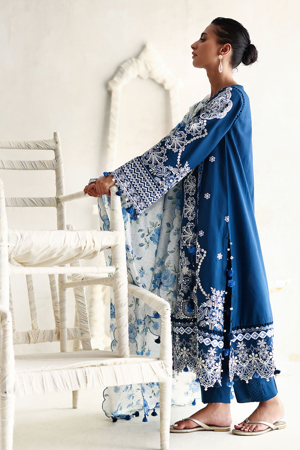 3 Piece Embroidered Lawn Suit with Printed Tussar Silk Dupatta and Embroidered Borders