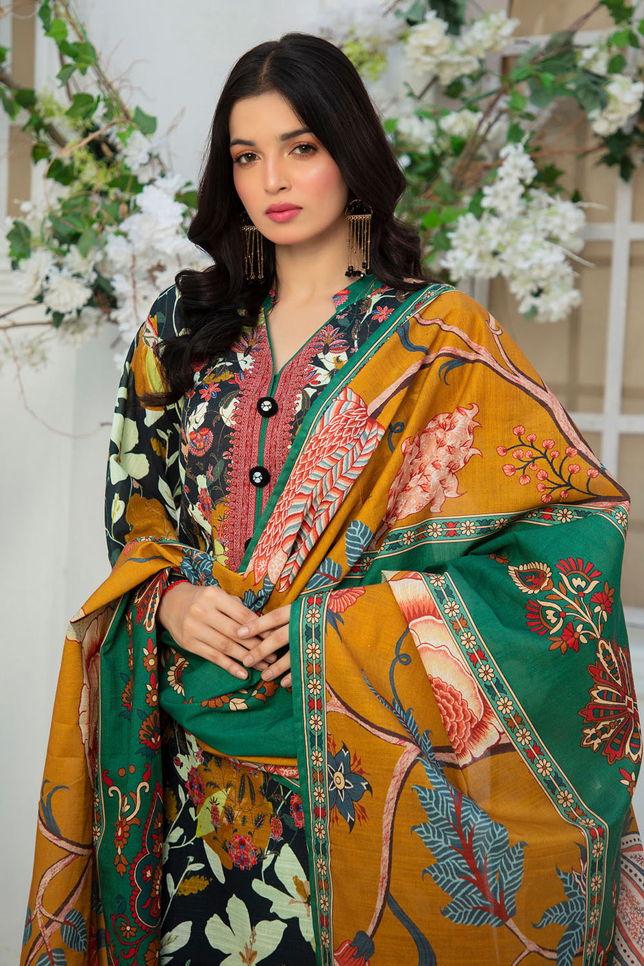3 Piece Printed Zari Cotton & Khaddar Suit with Dupatta
