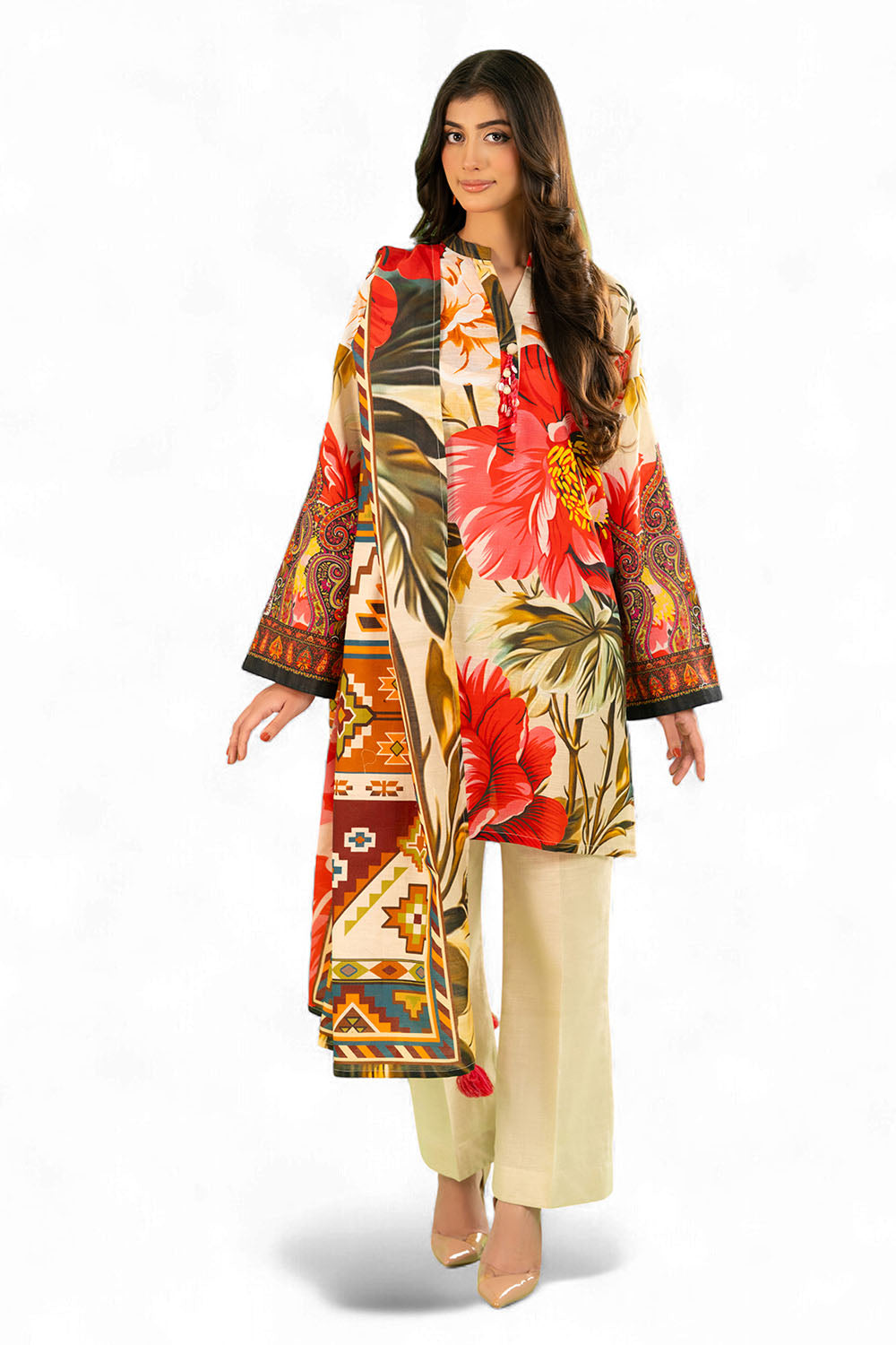 3 Piece Printed Khaddar Suit with Zari Dupatta