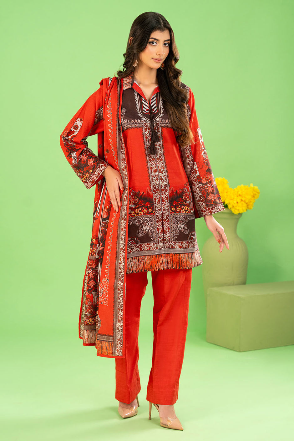 3 Piece Printed Khaddar Suit with Zari Dupatta