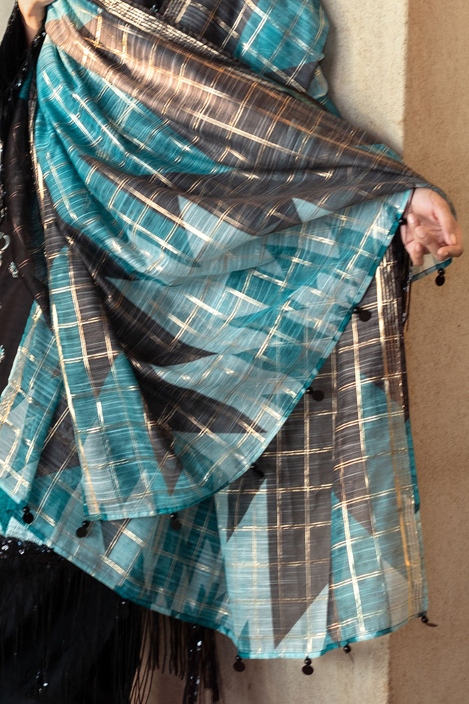3 Piece Embroidered Dobby Suit with Borders and Zari Dupatta