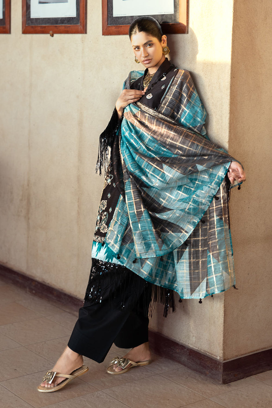3 Piece Embroidered Dobby Suit with Borders and Zari Dupatta