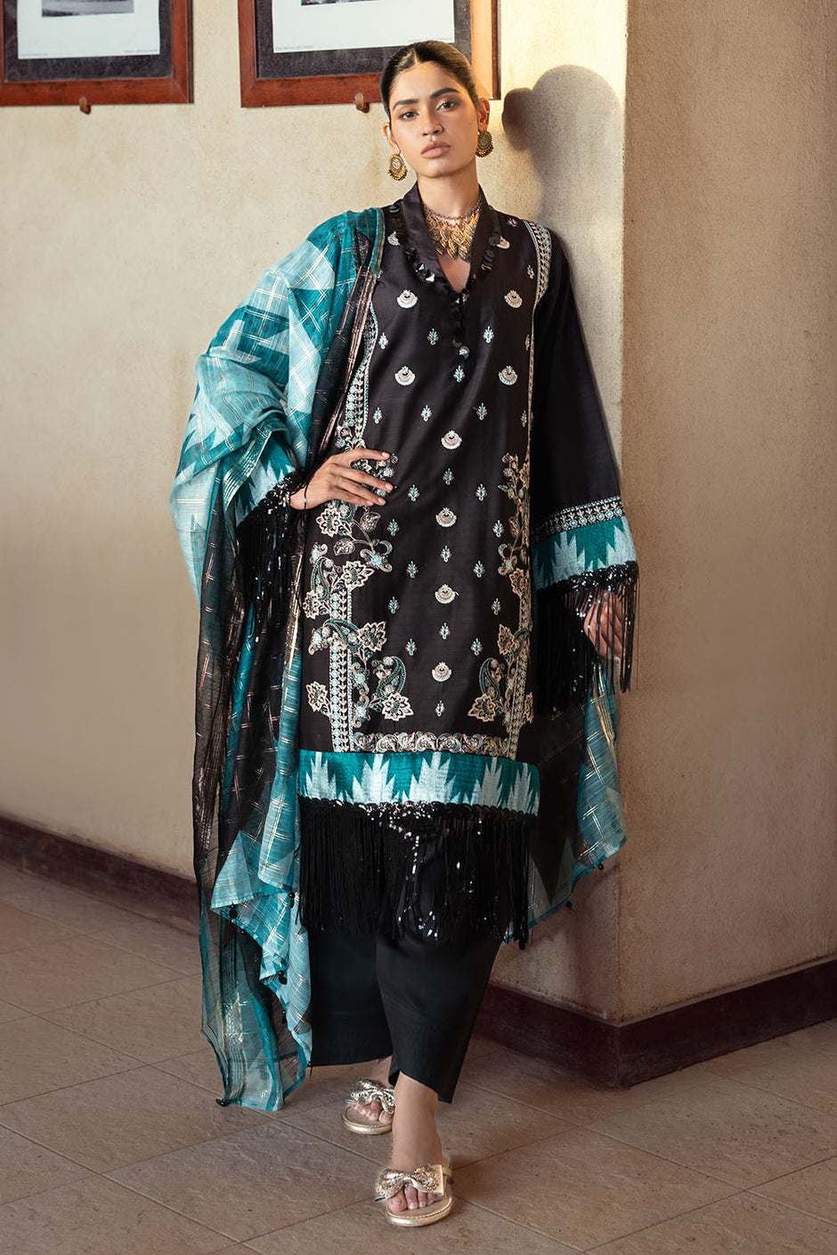 3 Piece Embroidered Dobby Suit with Borders and Zari Dupatta