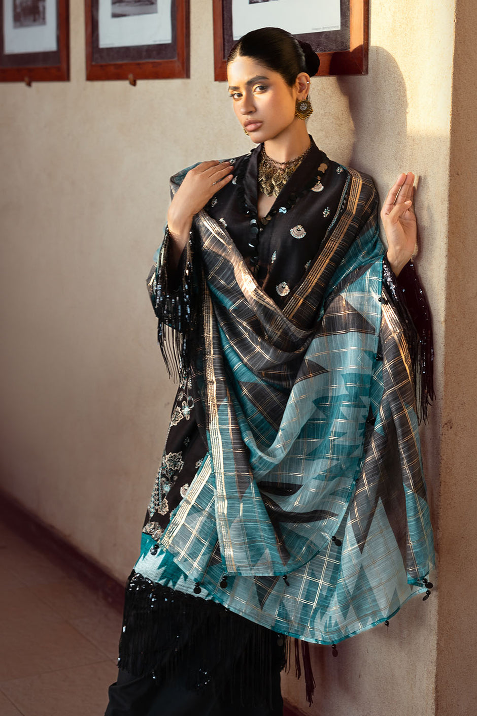3 Piece Embroidered Dobby Suit with Borders and Zari Dupatta