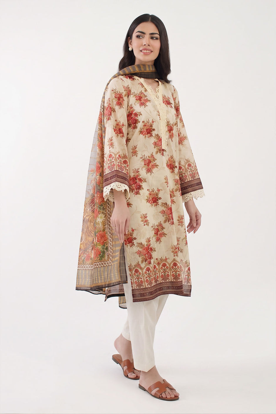 3 Piece Printed Lawn Suit with Zari Dupatta
