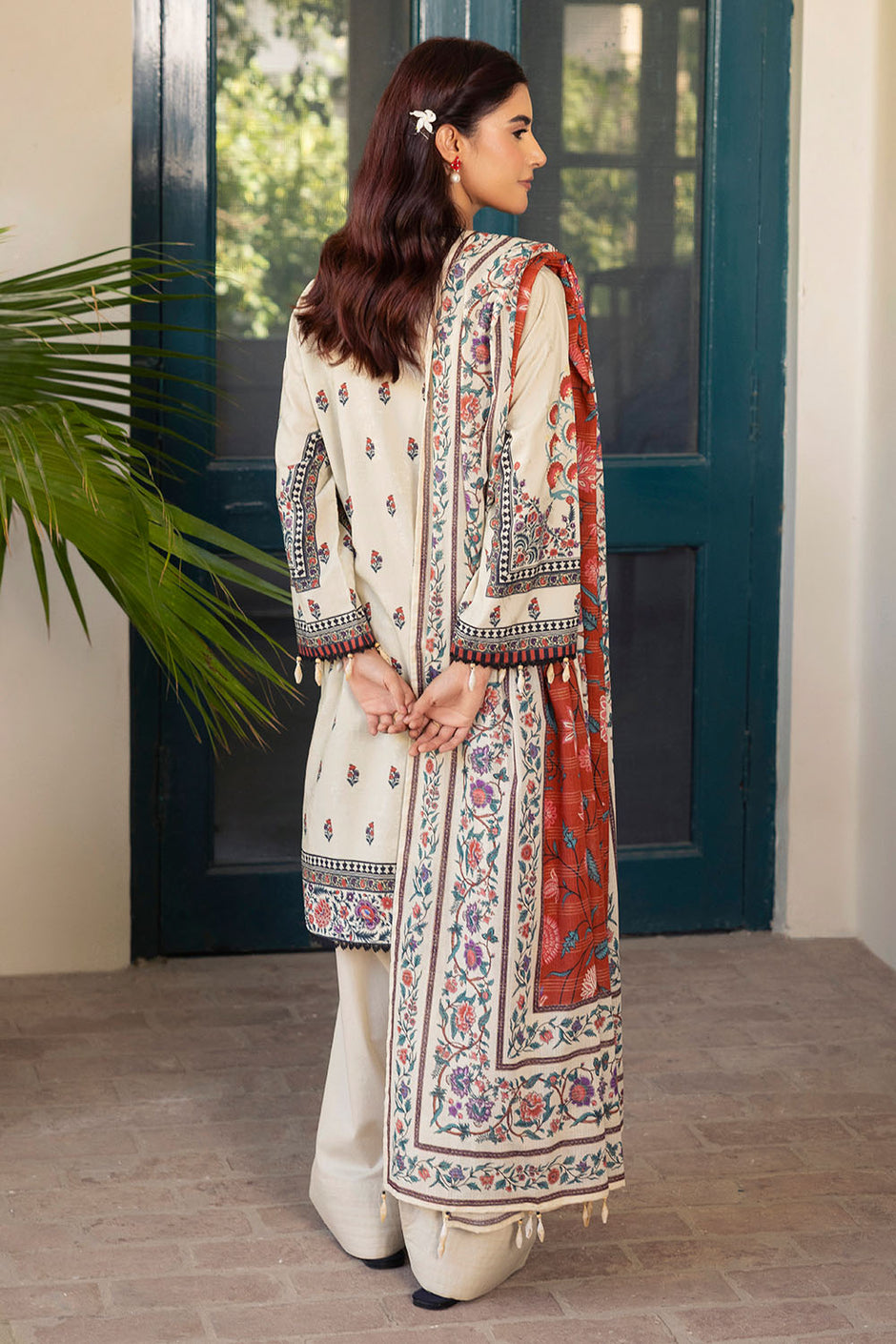 3 Piece Printed Zari Stripe Self Jacquard Suit with Dupatta