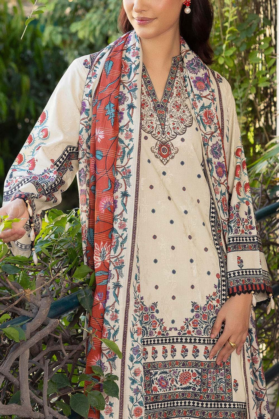 3 Piece Printed Zari Stripe Self Jacquard Suit with Dupatta