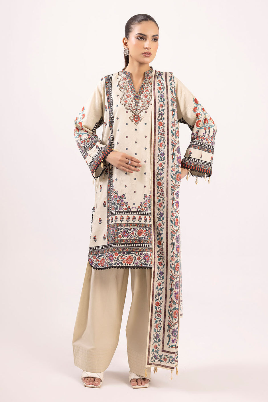 3 Piece Printed Zari Stripe Self Jacquard Suit with Dupatta