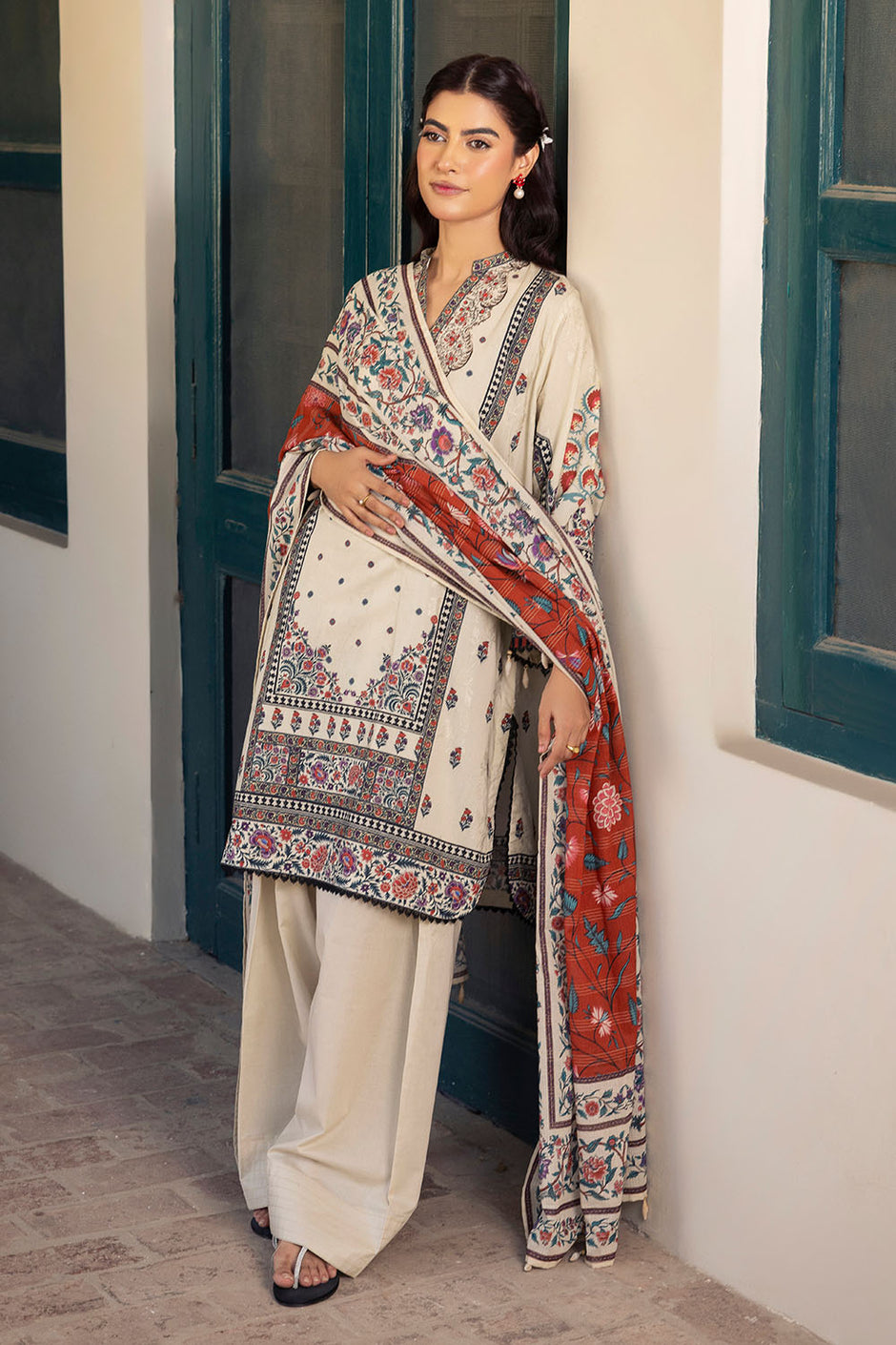 3 Piece Printed Zari Stripe Self Jacquard Suit with Dupatta