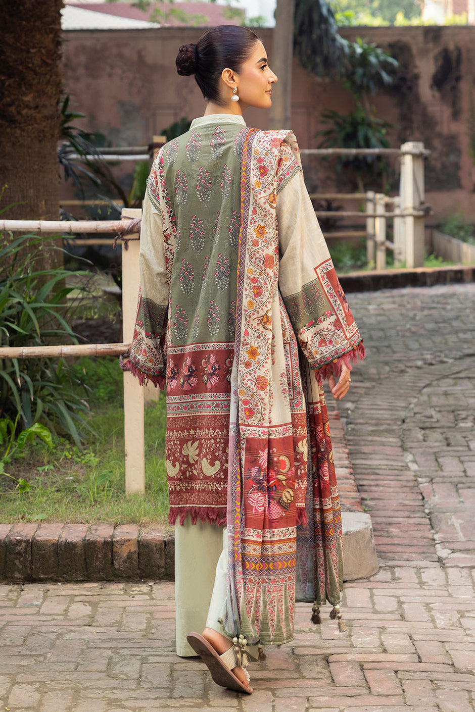 3 Piece Printed Zari Stripe Self Jacquard Suit with Dupatta