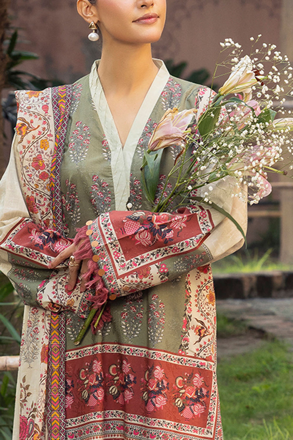 3 Piece Printed Zari Stripe Self Jacquard Suit with Dupatta SP-52088