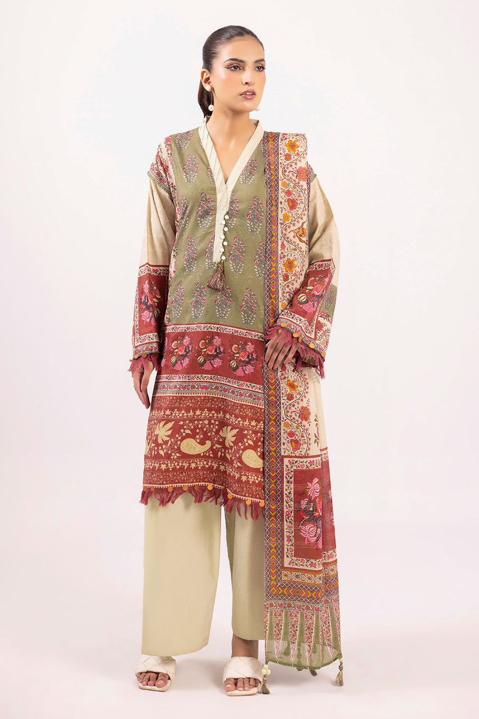 3 Piece Printed Zari Stripe Self Jacquard Suit with Dupatta SP-52088