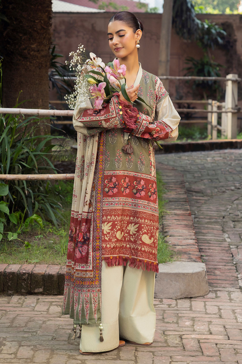 3 Piece Printed Zari Stripe Self Jacquard Suit with Dupatta SP-52088