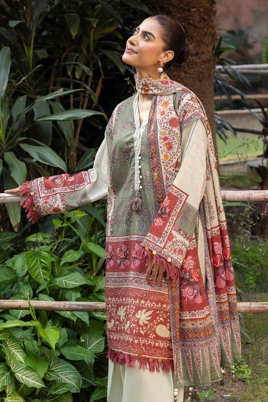 3 Piece Printed Zari Stripe Self Jacquard Suit with Dupatta