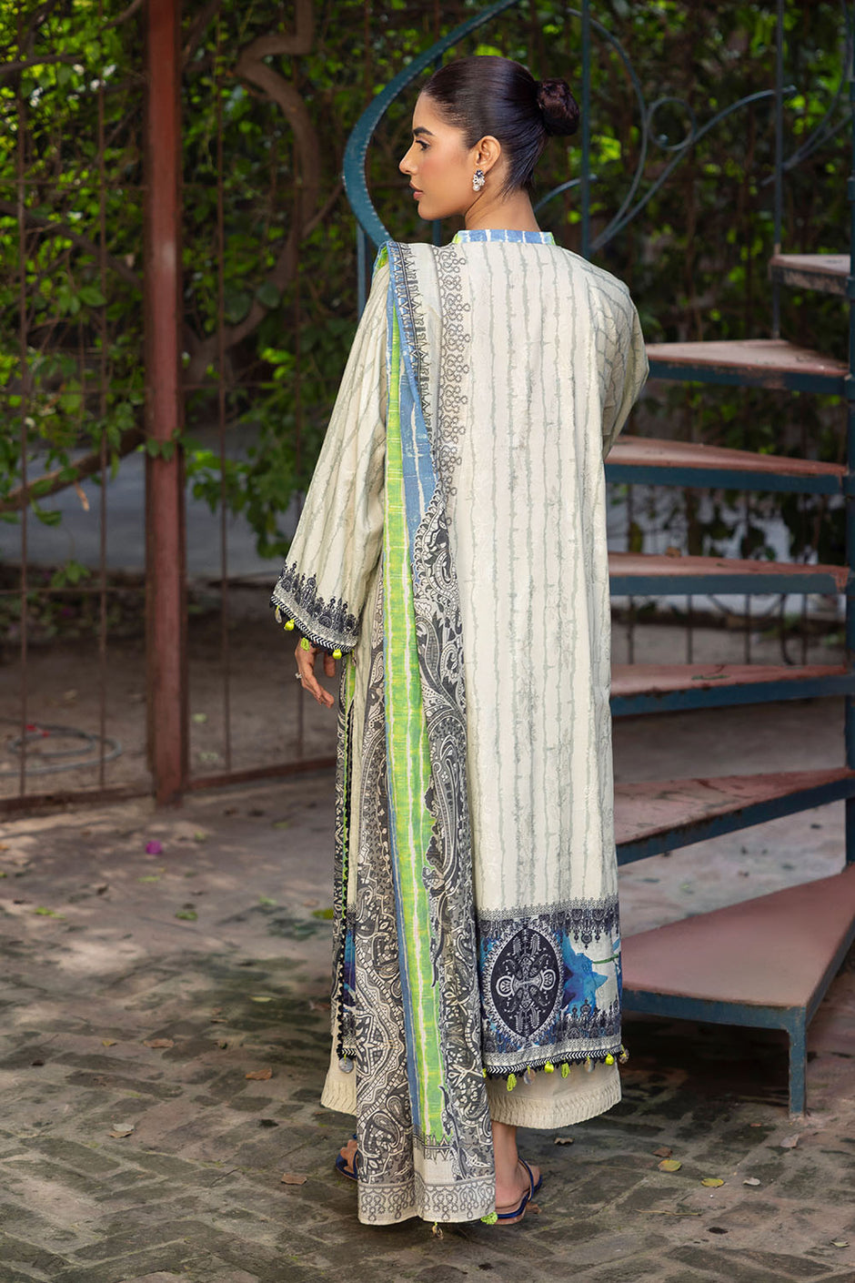 3 Piece Printed Zari Stripe Self Jacquard Suit with Dupatta