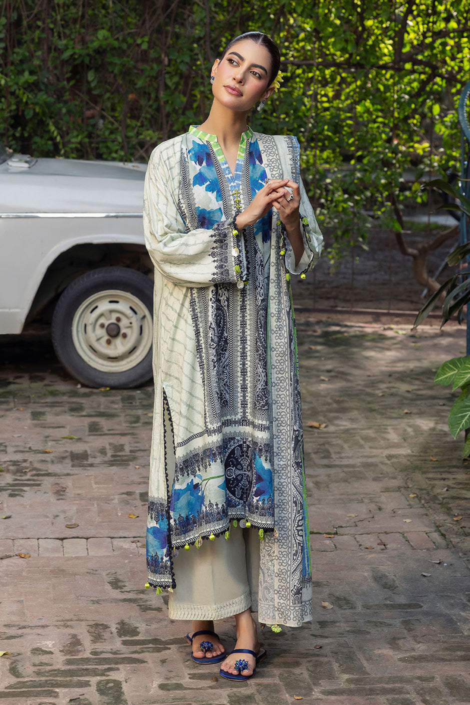 3 Piece Printed Zari Stripe Self Jacquard Suit with Dupatta