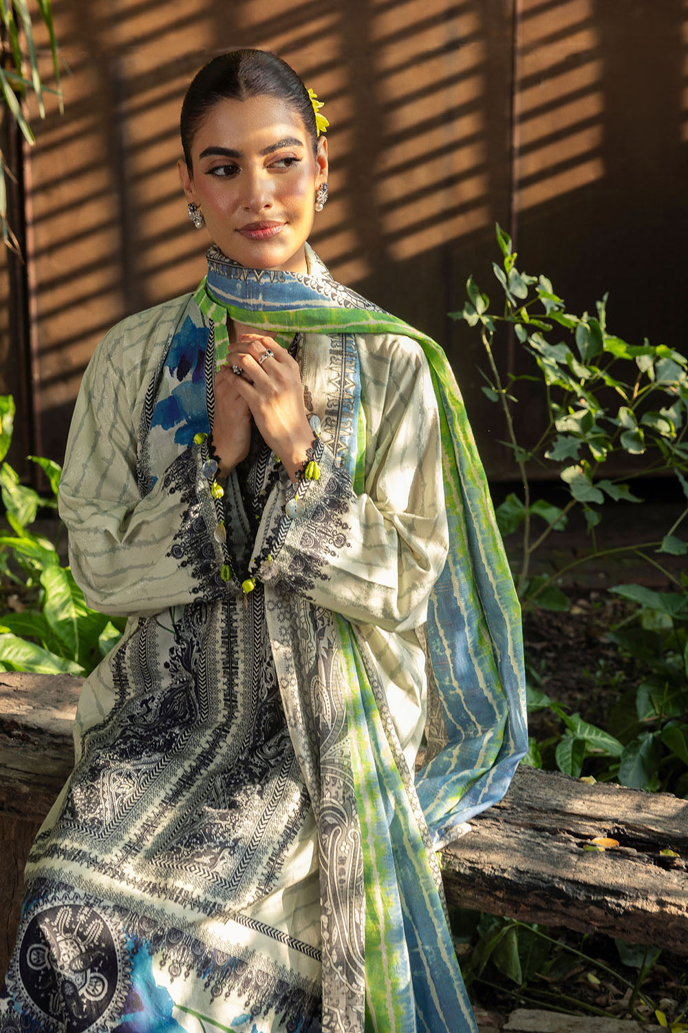 3 Piece Printed Zari Stripe Self Jacquard Suit with Dupatta SP-52089