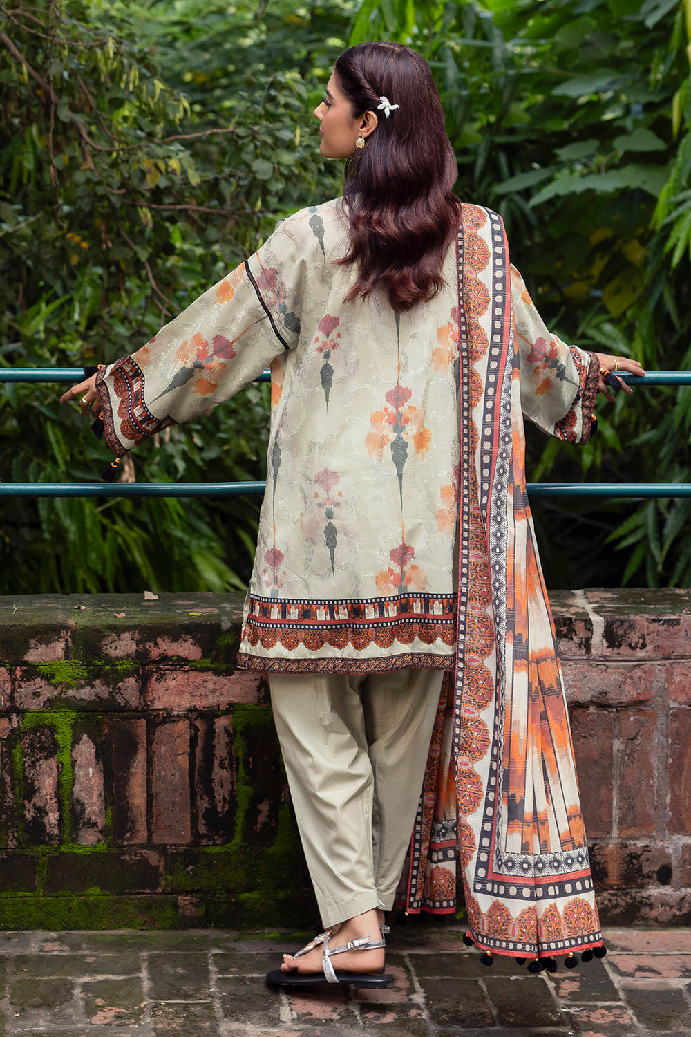 3 Piece Printed Zari Stripe Self Jacquard Suit with Dupatta