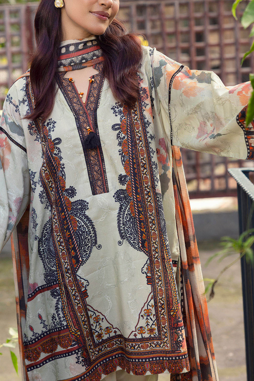 3 Piece Printed Zari Stripe Self Jacquard Suit with Dupatta