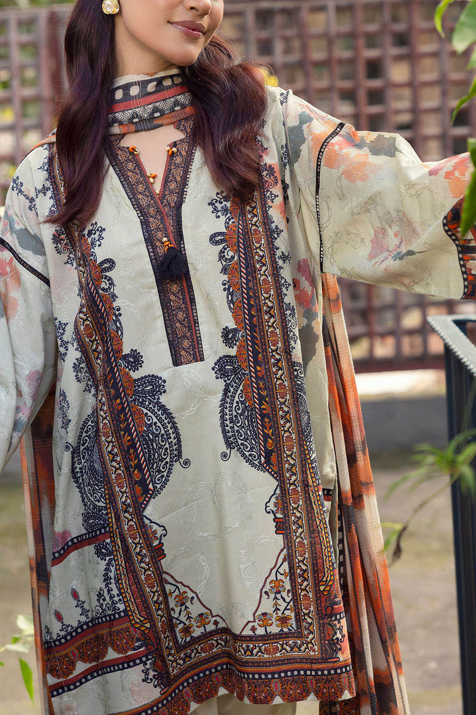 3 Piece Printed Zari Stripe Self Jacquard Suit with Dupatta SP-52090