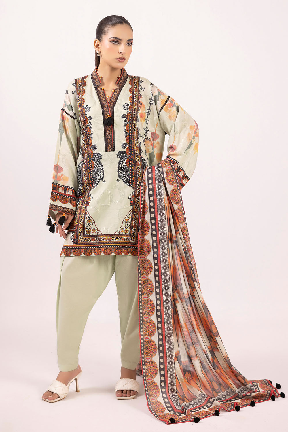 3 Piece Printed Zari Stripe Self Jacquard Suit with Dupatta