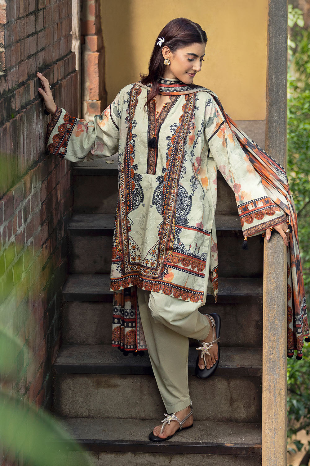 3 Piece Printed Zari Stripe Self Jacquard Suit with Dupatta