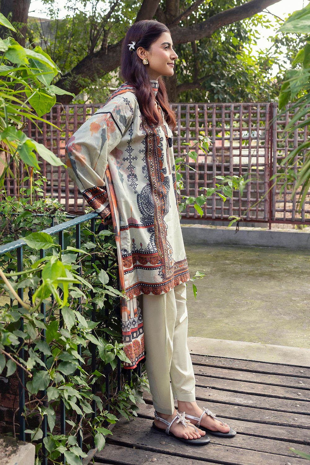 3 Piece Printed Zari Stripe Self Jacquard Suit with Dupatta