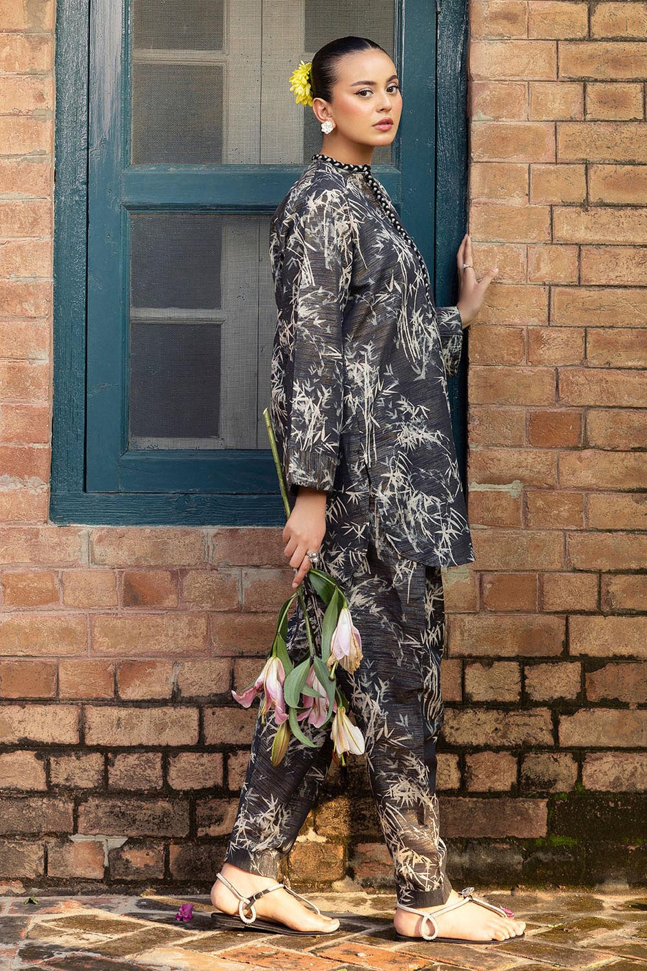 2 Piece Printed Zari Stripe Self Jacquard Suit