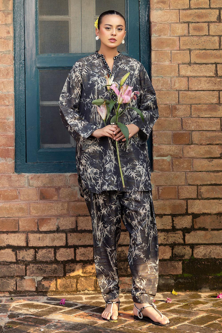 2 Piece Printed Zari Stripe Self Jacquard Suit