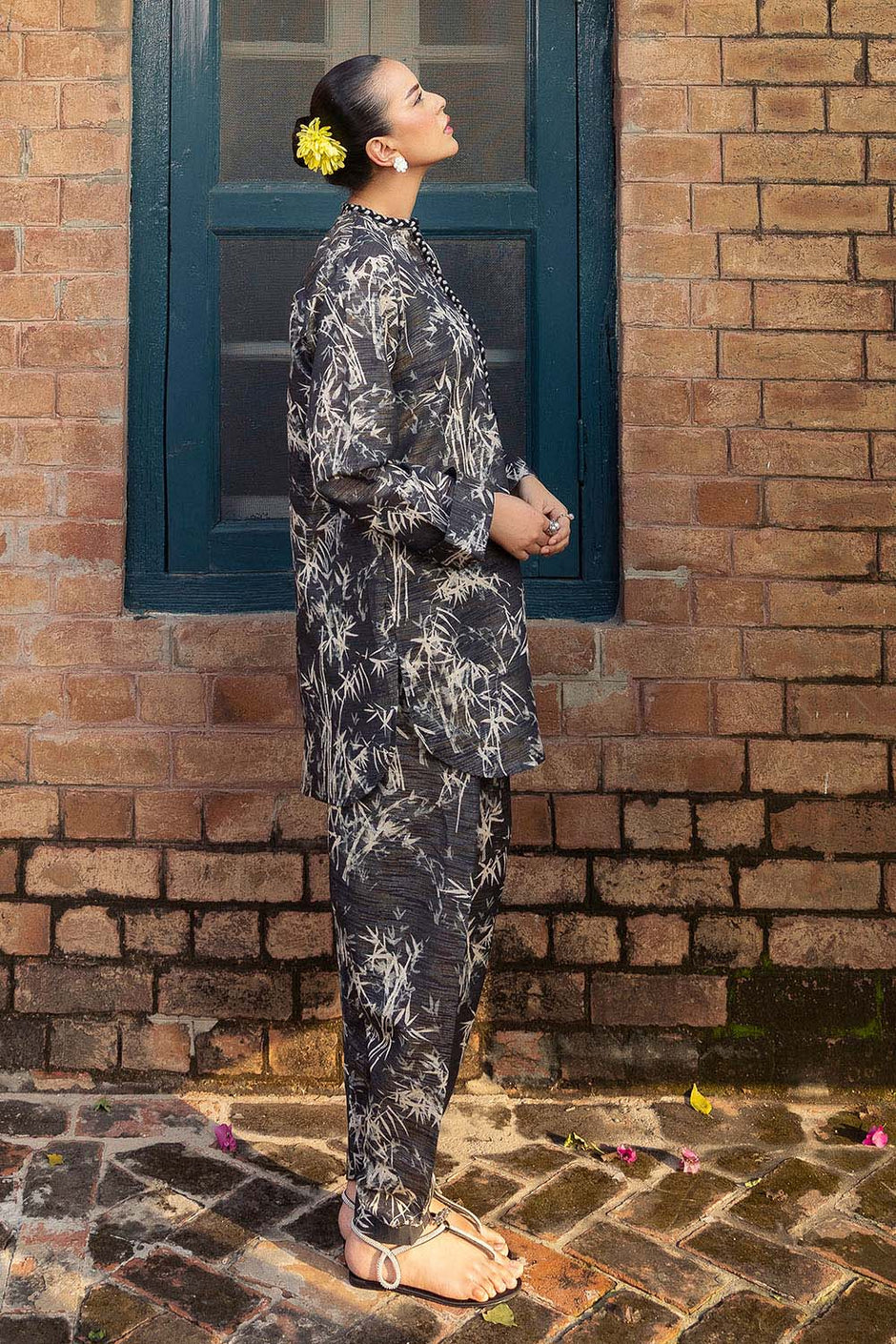 2 Piece Printed Zari Stripe Self Jacquard Suit