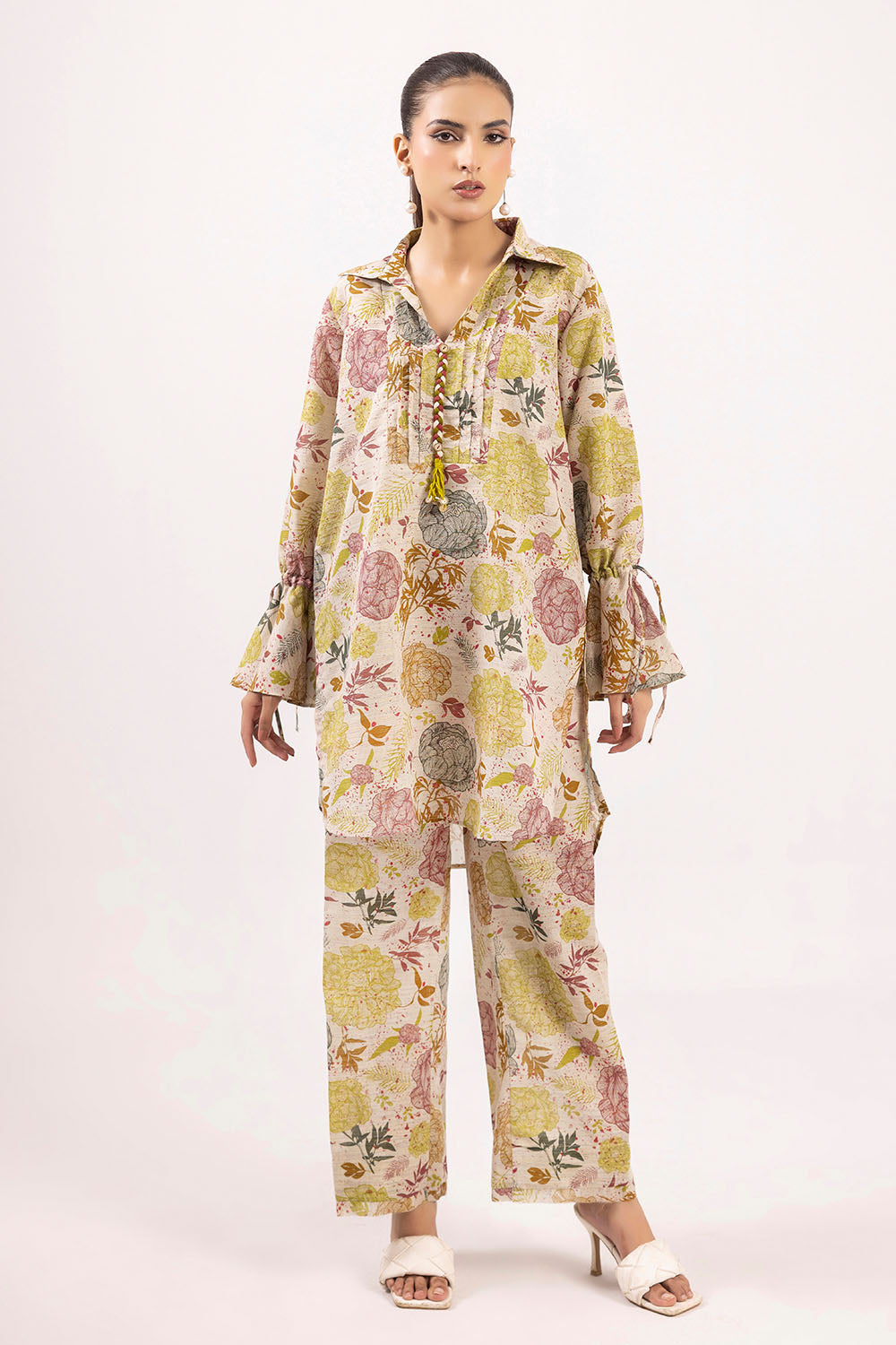 2 Piece Printed Zari Stripe Self Jacquard Suit