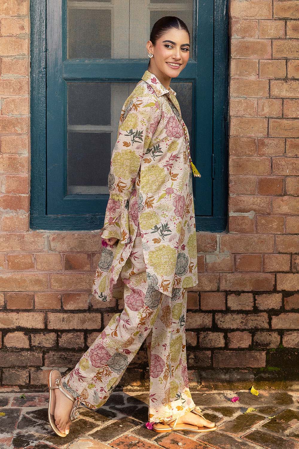 2 Piece Printed Zari Stripe Self Jacquard Suit