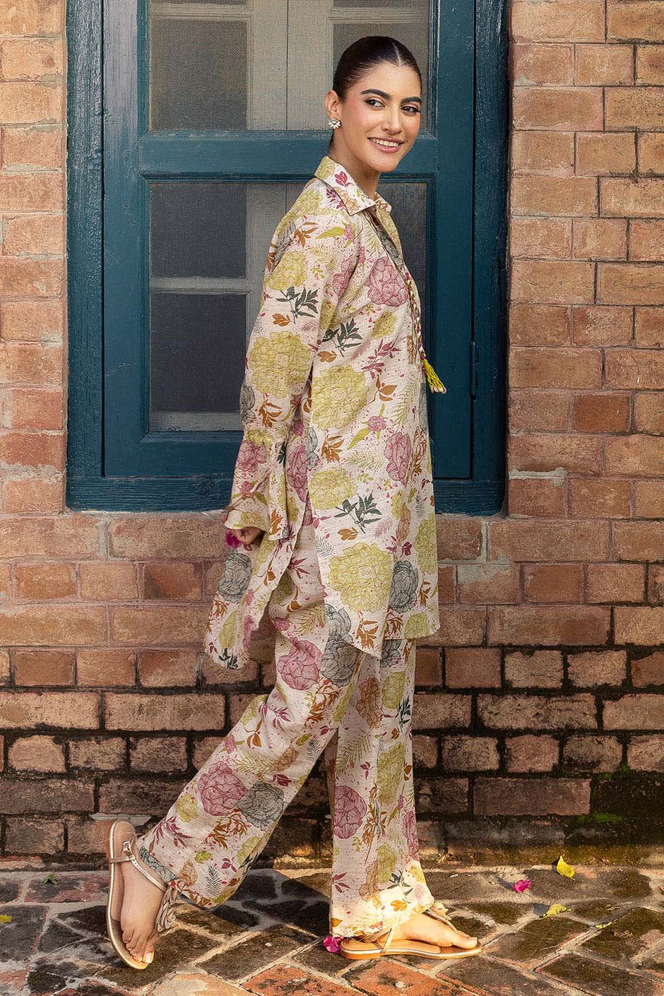 2 Piece Printed Zari Stripe Self Jacquard Suit
