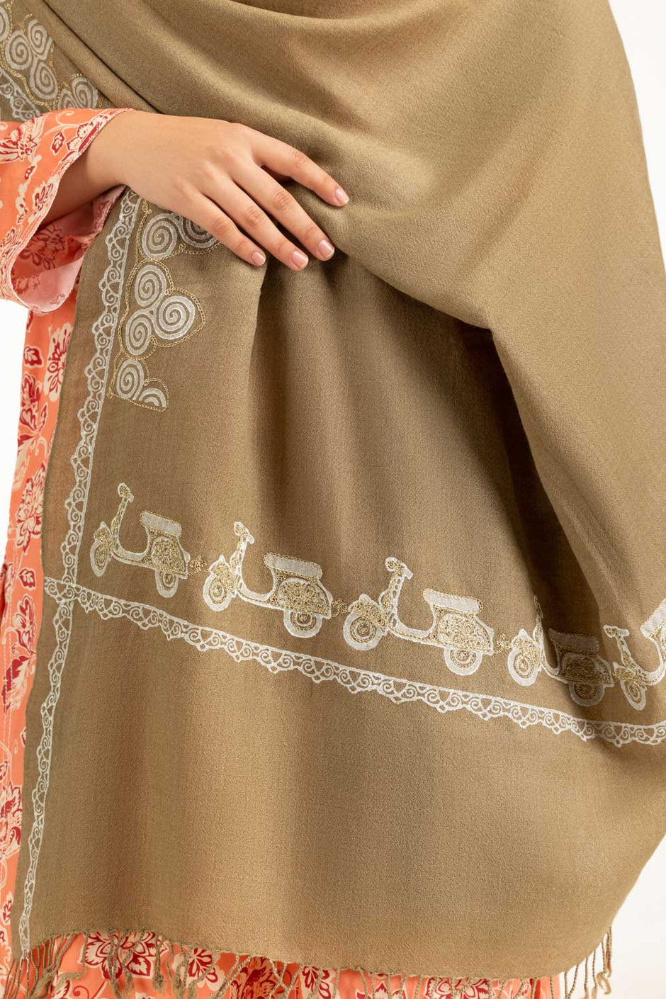 Acrylic Block Printed Shawl With Embroidered