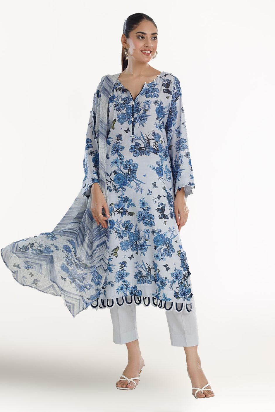 3 Piece Unstitched Printed Soya Silk Suit with Printed Chiffon Dupatta