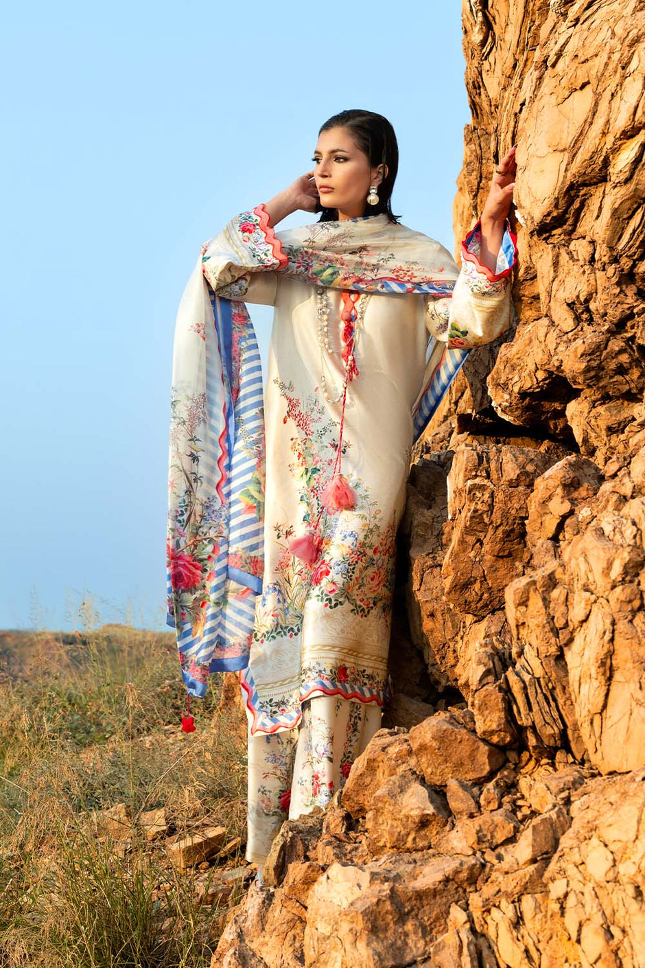 3 Piece Printed Silk Charmeuse Suit with Dupatta