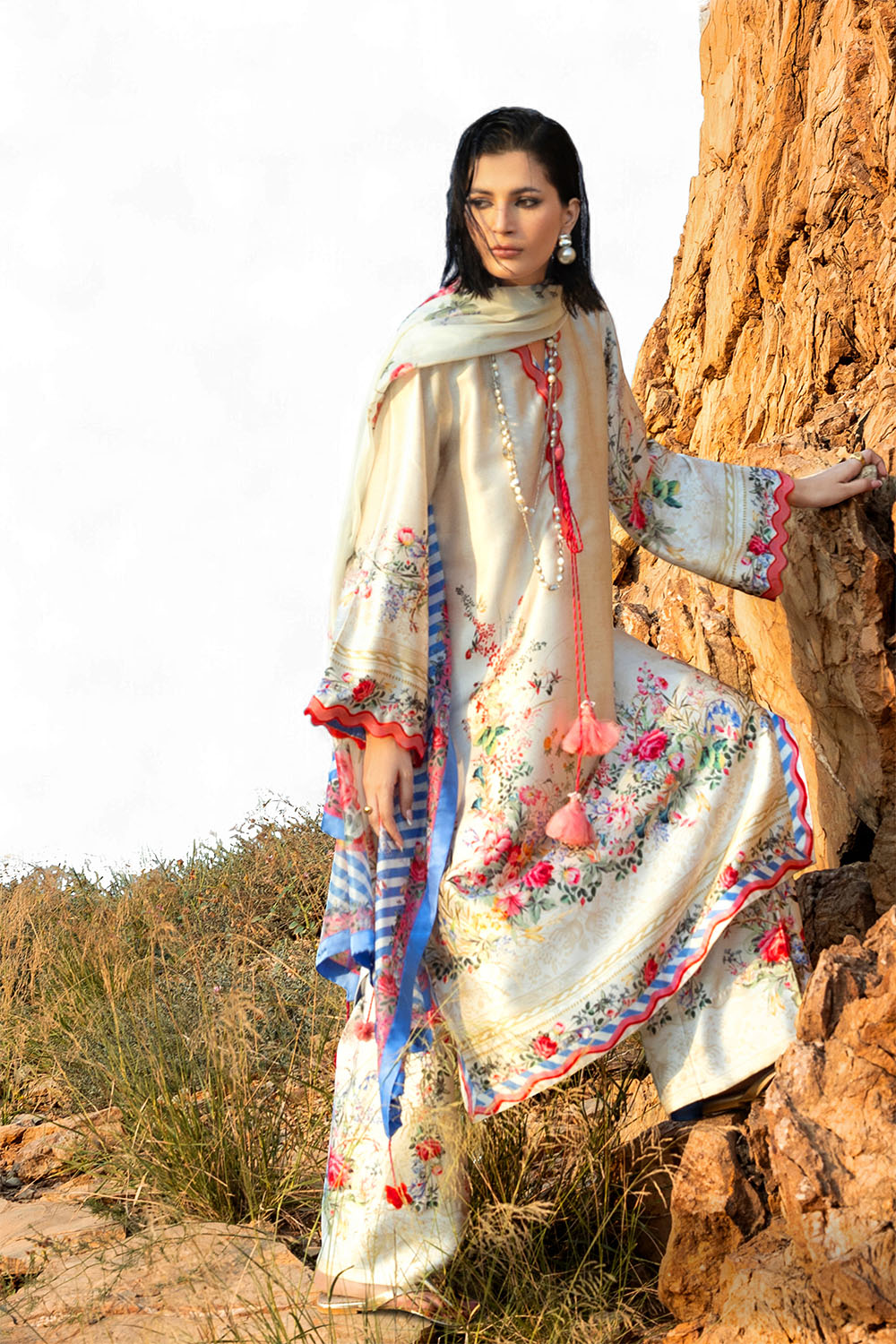 3 Piece Printed Silk Charmeuse Suit with Dupatta S-62001