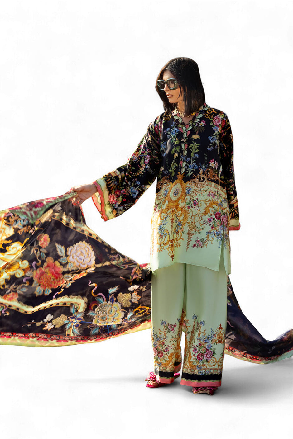 3 Piece Printed Silk Charmeuse Suit with Dupatta