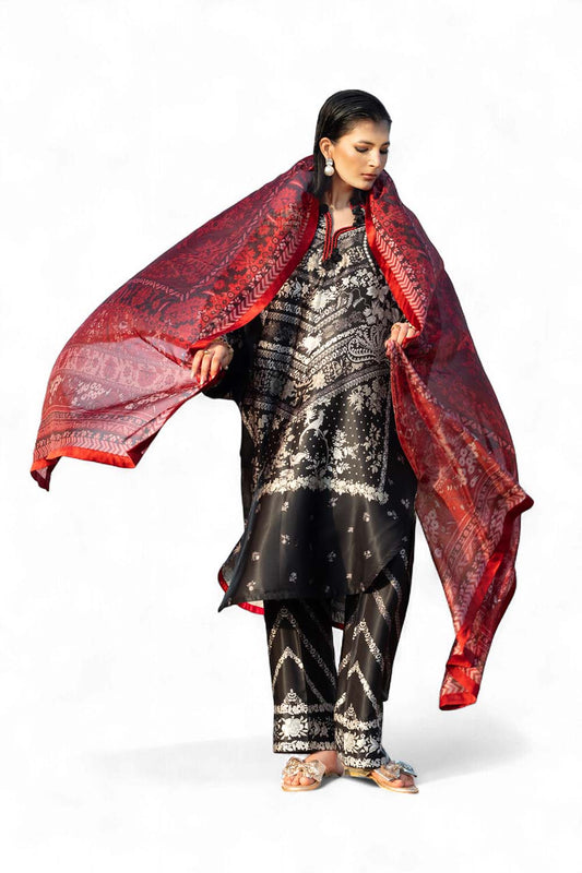 3 Piece Printed Silk Charmeuse Suit with Dupatta S-62003