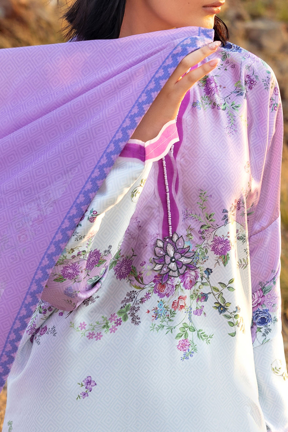 3 Piece Printed Silk Charmeuse Suit with Dupatta S-62004