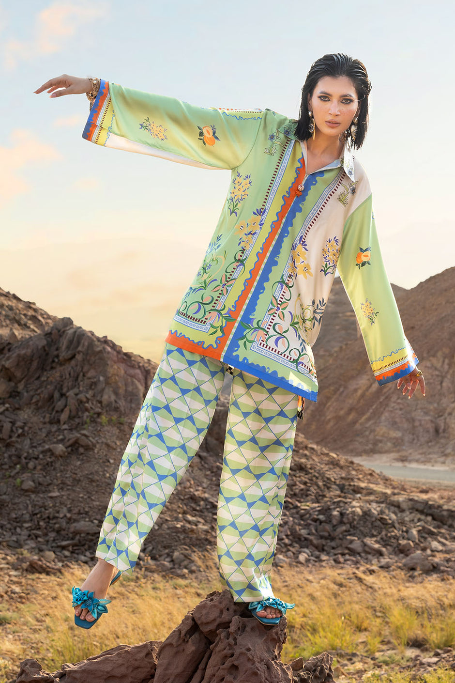 2 Piece Printed Charmeuse Silk Suit with Trouser