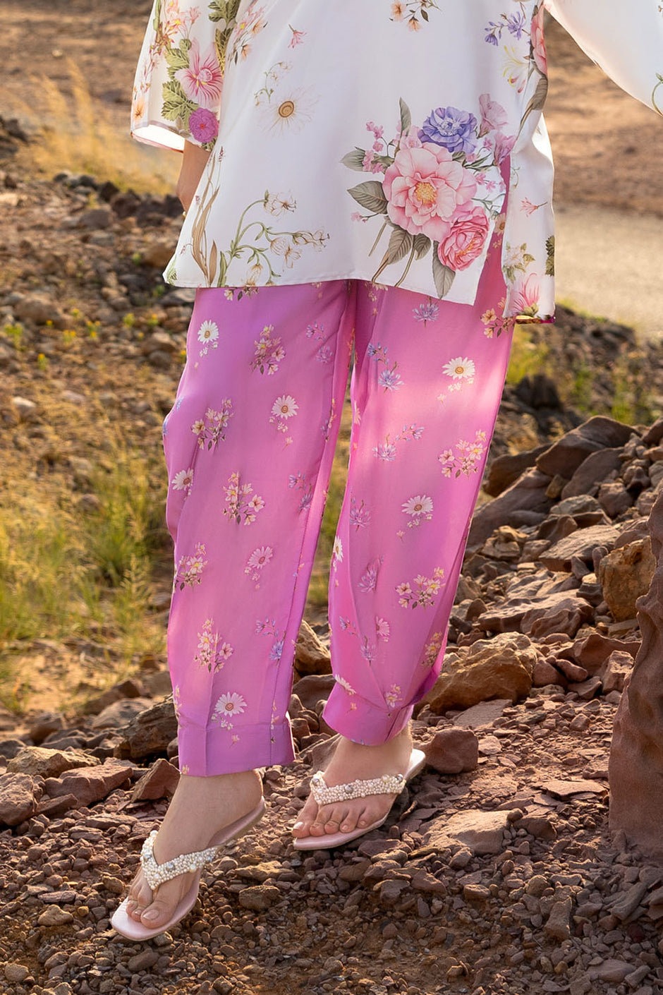 2 Piece Printed Charmeuse Silk Suit with Trouser