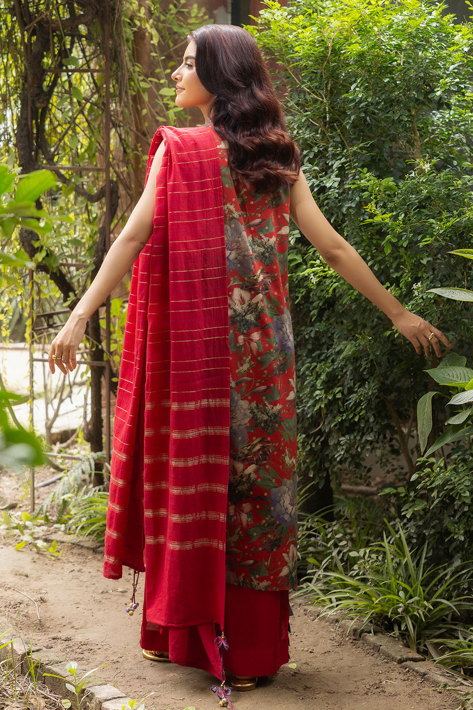 3 Piece Printed Lurex Jacquard Suit with Stripe Dupatta