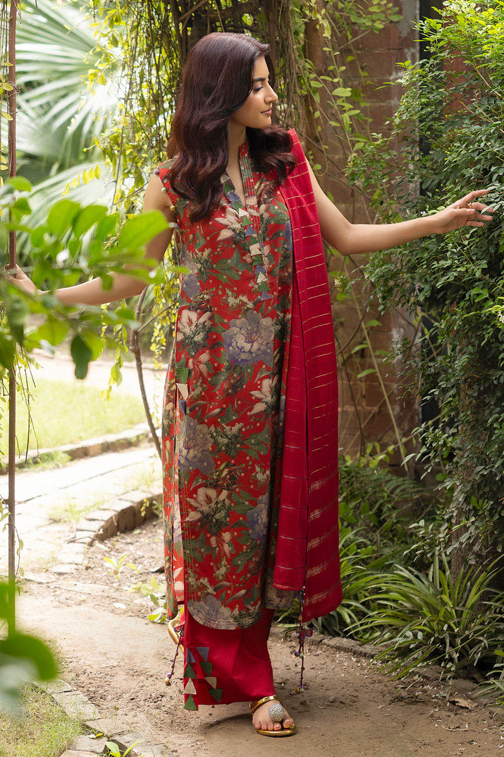 3 Piece Printed Lurex Jacquard Suit with Stripe Dupatta SP-52086