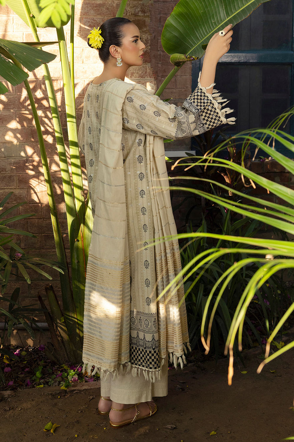 3 Piece Printed Lurex Jacquard Suit with Stripe Dupatta