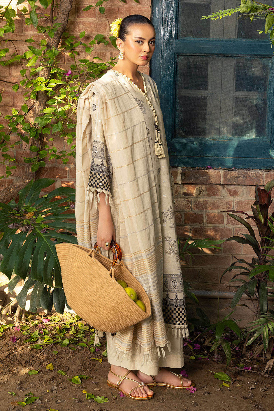 3 Piece Printed Lurex Jacquard Suit with Stripe Dupatta