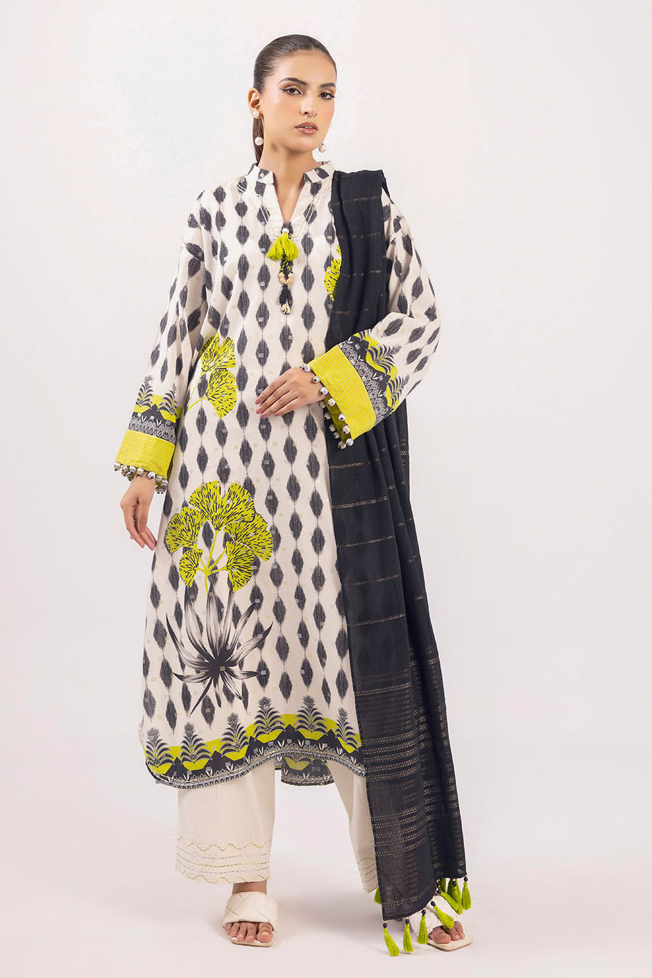 3 Piece Printed Lurex Jacquard Suit with Stripe Dupatta